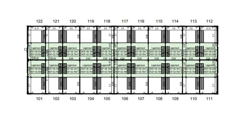 This image appears to be a floor plan or layout of a building. It shows multiple rooms or units numbered from 101 to 122, with each unit having a similar layout and size. The units are arranged in a grid-like pattern, suggesting this is likely a multi-uni
