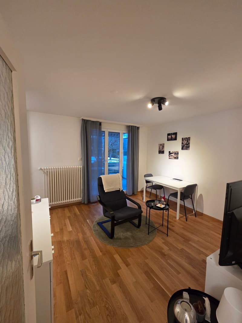 living room with wooden floor, black chair, white table, radiator, white walls, white desk, and TV