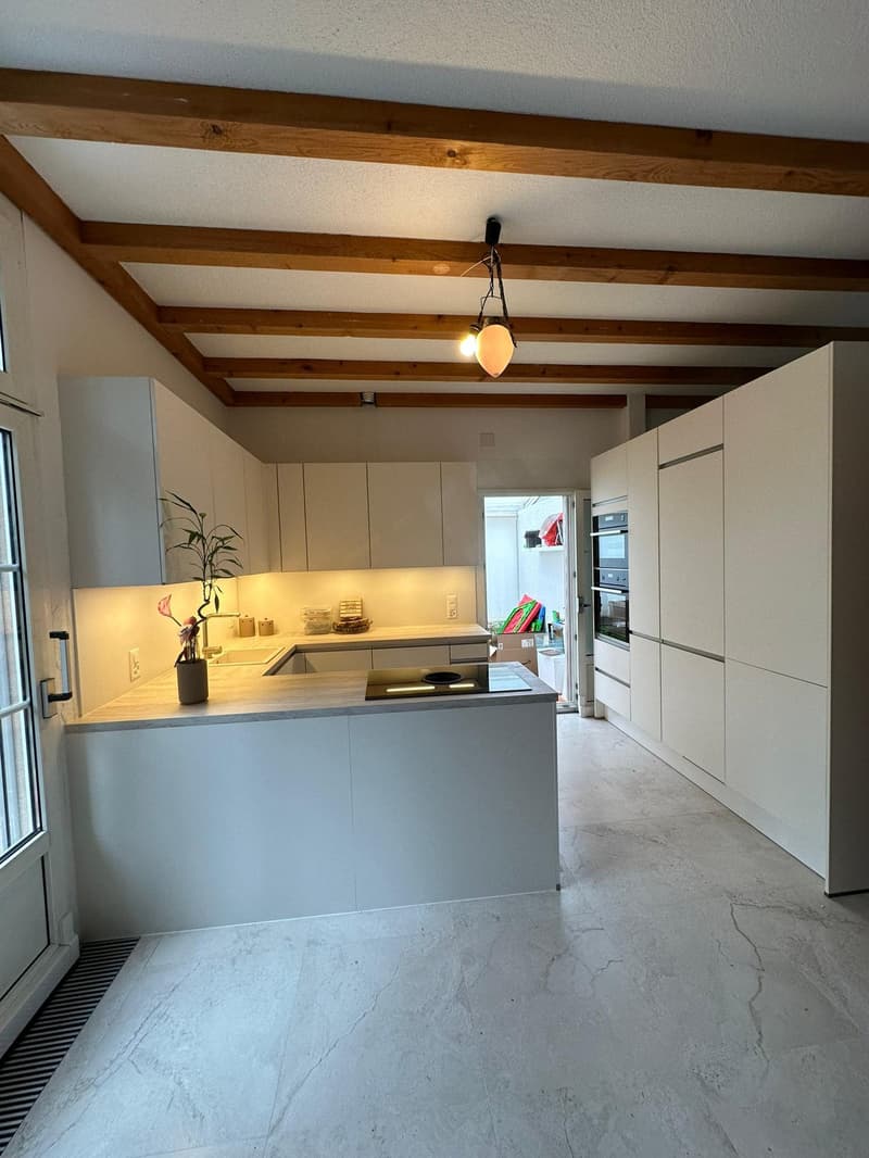 modern kitchen with an island, white cabinets, large window, potted plant, under-mount sink, dishwasher, oven