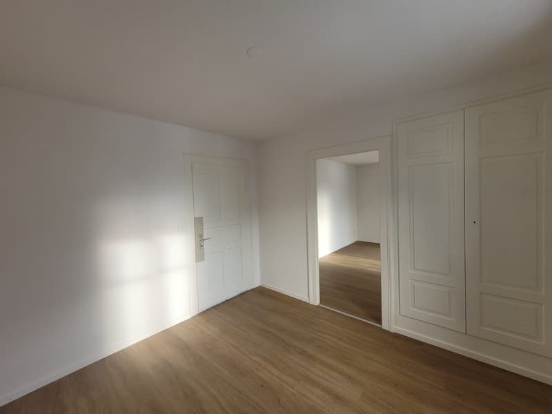 Empty room, white walls, wooden floor, doors, mirror
