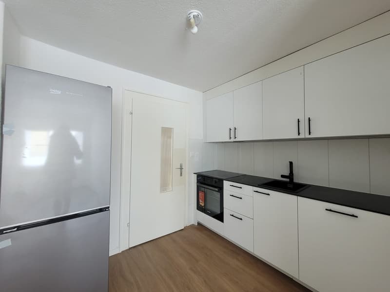 modern fitted kitchen with a refrigerator, built-in oven, dishwasher, cabinets, countertop, and a sink