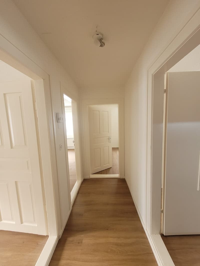 Empty corridor, hallway with wooden floor, white walls, and doors.