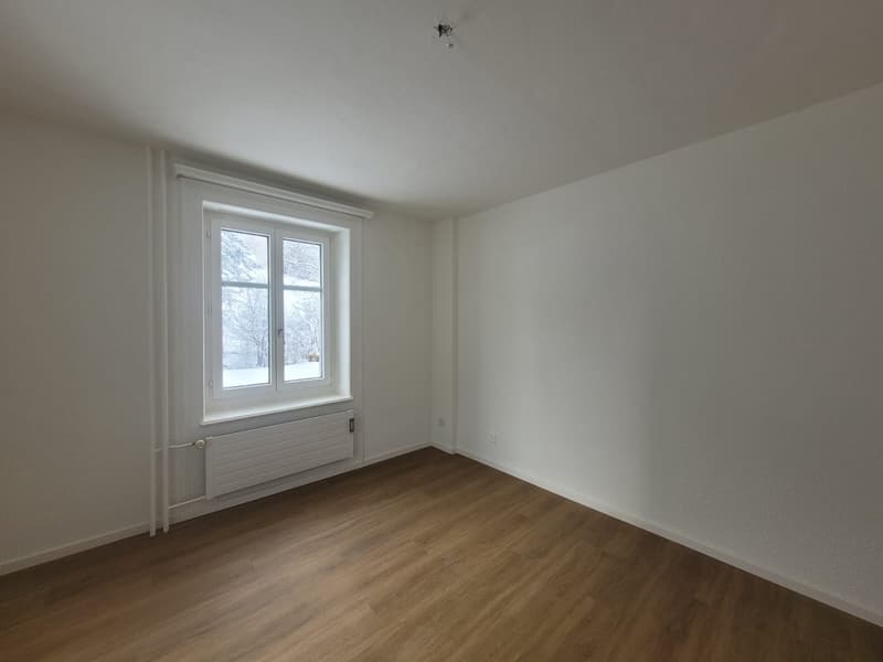Empty room, white walls, wooden floors, window, radiator