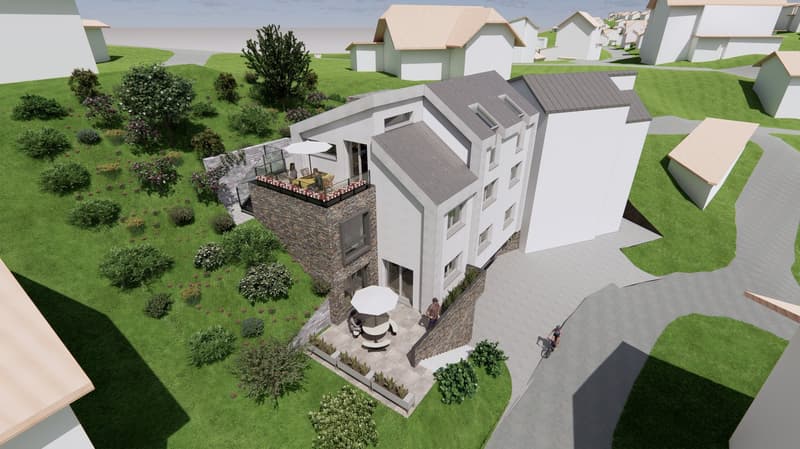two-story building, stone exterior, gray roof, green lawn, glass railing on the terrace, pathway to the entrance