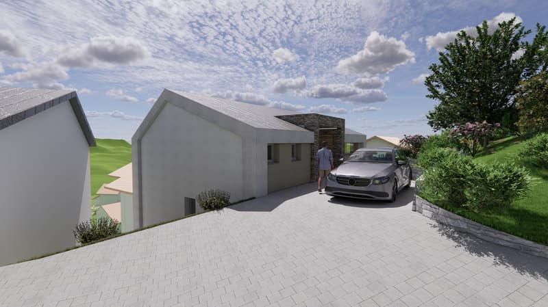 modern house, gray exterior, car parked in front, concrete driveway, greenery around the house