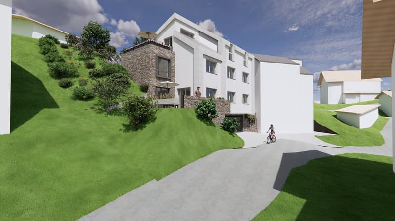 Building with terrace, stone ground floor, several windows, driveway