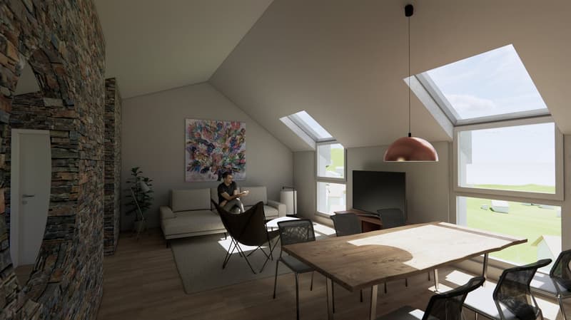 living room with sofa, coffee table, table and chairs, person, artwork, TV, lamps, wooden floors, large windows