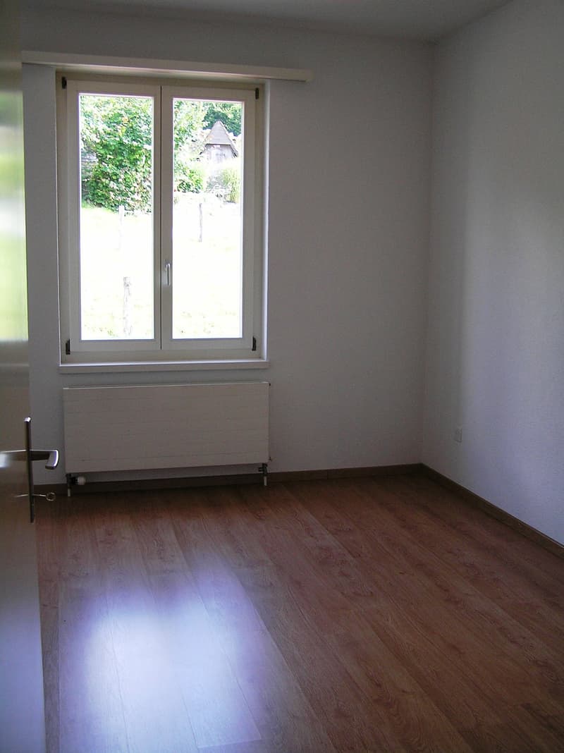 empty room, white walls, wooden floor, large window, white radiator