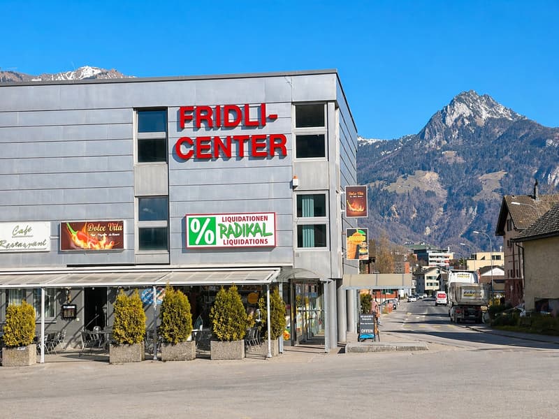 Commercial building with a sign reading 'FRIDLI-CENTER', outdoor seating area, potted plants, mountains in the background