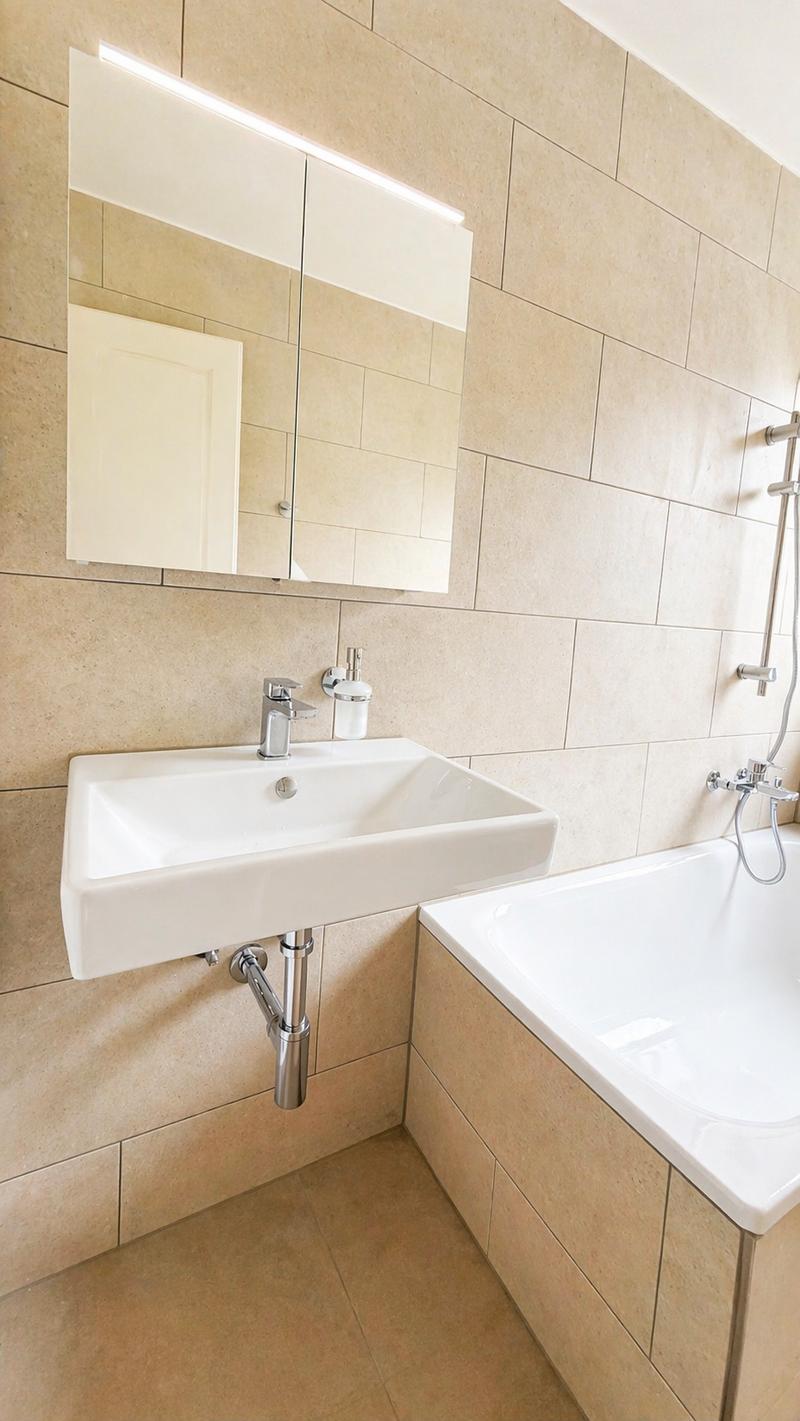 Bathroom with white sink, bathtub, mirror, and shower head
