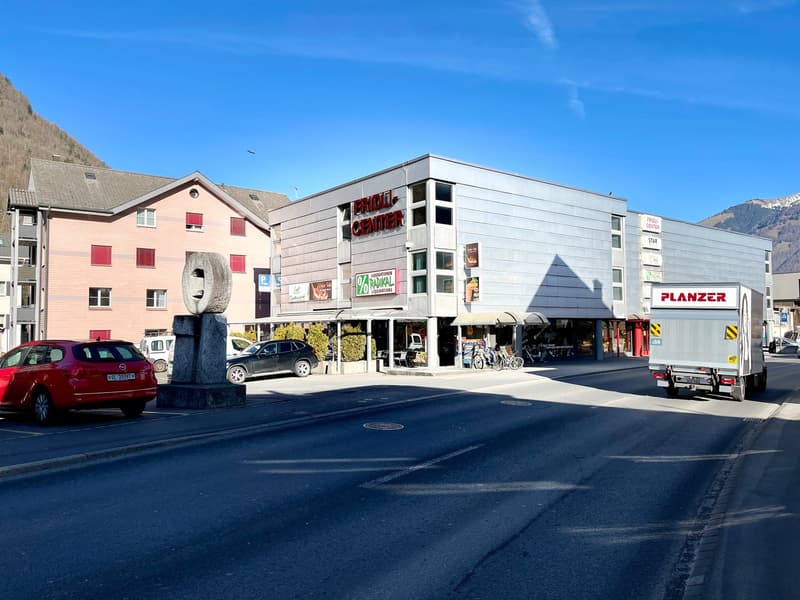 A commercial building with a sign reading 'Fridl-Center', a red car parked on the left, a truck on the road, and a mountain in the background.