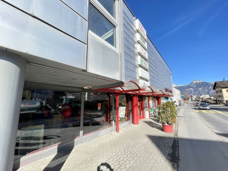Commercial building with glass windows, red pillars, metal awning, potted plants, and a road with cars and mountains in the background.