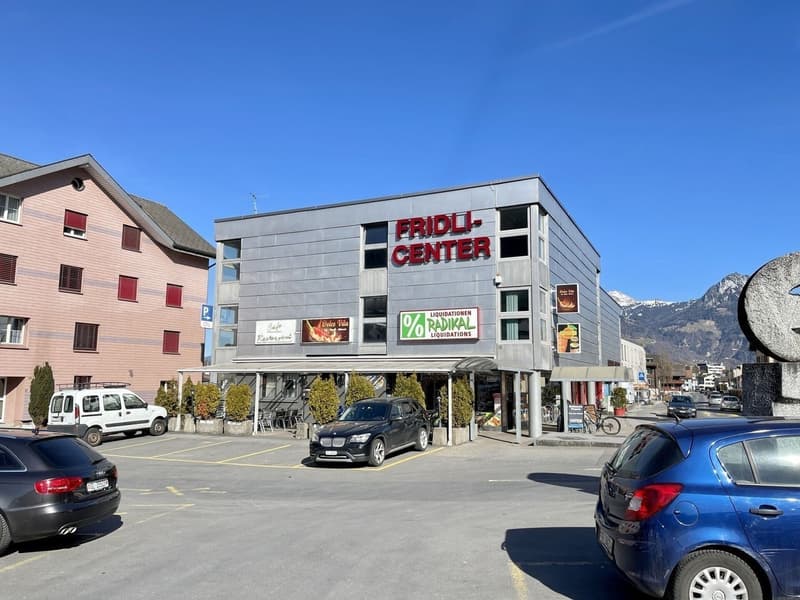Fridli Center building, multiple cars parked, mountains in the background