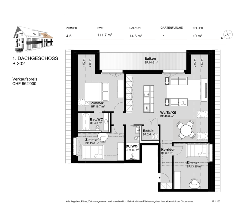 Grundrissplan Wohnung B202 im 2. Obergeschoss (Dachgeschoss)