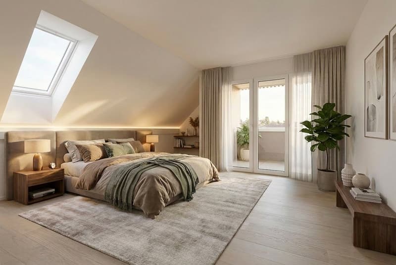 Grosses Schlafzimmer mit Zugang zum gedeckten Balkon - Wohnidee (Inspiration)
