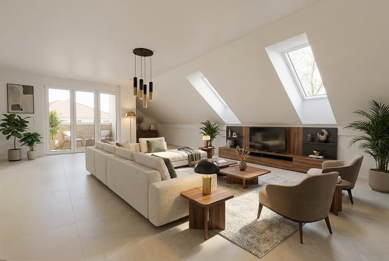 Grosszügiges Wohnzimmer mit grossformatigen Bodenplatten und Dachflächenfenstern - Wohnidee (Inspiration)