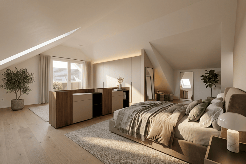 Grosses Schlafzimmer mit charmanten Dachschrägen und viel Raum für Ideen - Wohnidee (Inspiration)