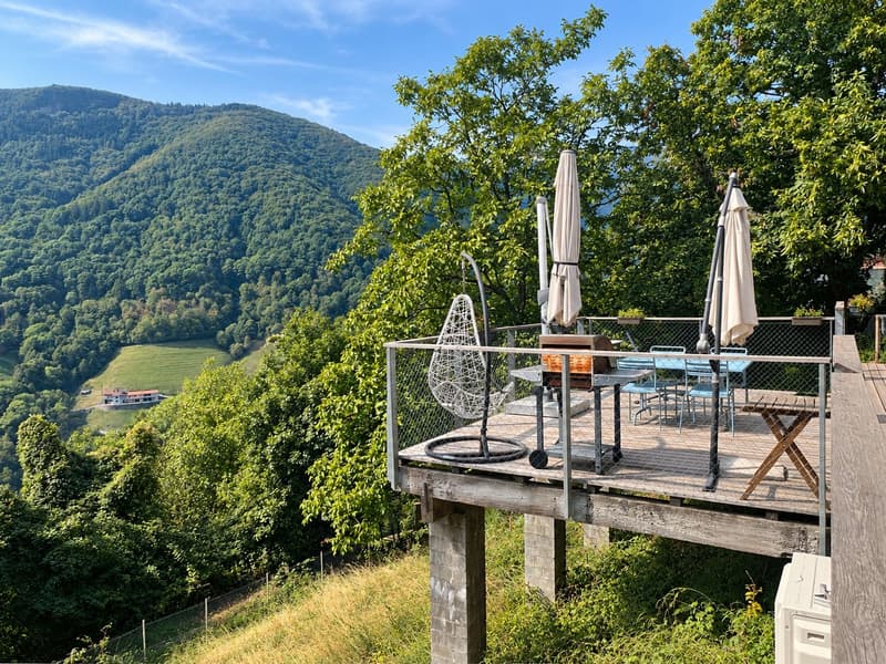Modernes Holzhaus mit viel Privatsphäre und grossen Fensterfronten mit Blick ins Grüne (13)