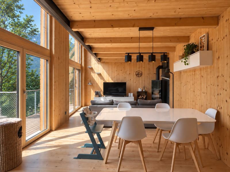 Modernes Holzhaus mit viel Privatsphäre und grossen Fensterfronten mit Blick ins Grüne (1)