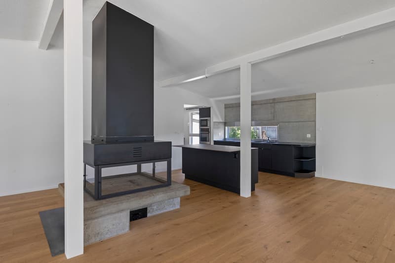 Cheminée et cuisine ouverte / the interior of a modern house with white walls and wood floors and a large open room with black furniture