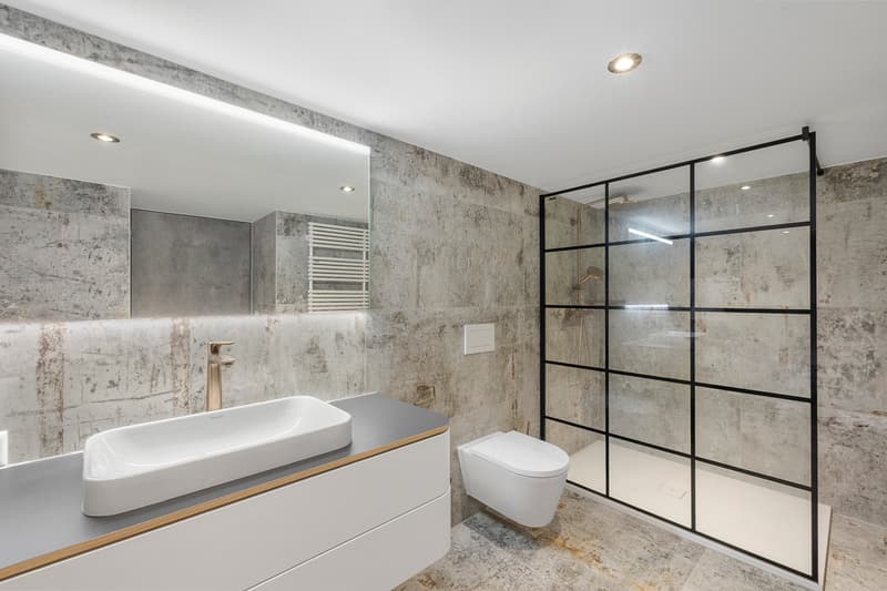 Salle de douche / a modern bathroom with a toilet, sink, shower and large mirror