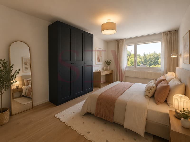 Suite parentale de 15.85 m² avec armoire / a bedroom with a bed and a window