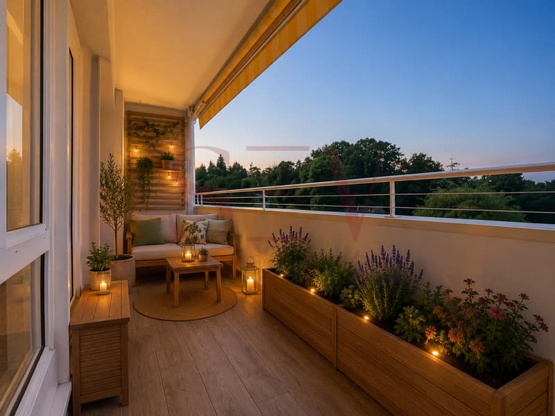 Balcon couvert avec vue dégagée et agréable espace détente / a small balcony with lots of furniture and plants