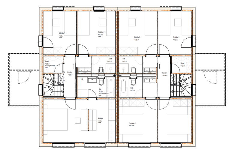 Floor plan of a multi-bedroom apartment with three bedrooms, two bathrooms, a hallway, and a kitchen area.