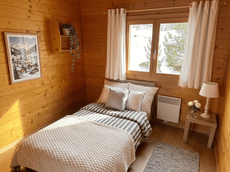 small bedroom with wooden walls, bed, bedside table with lamp, rug, picture frame, window with curtains, heater