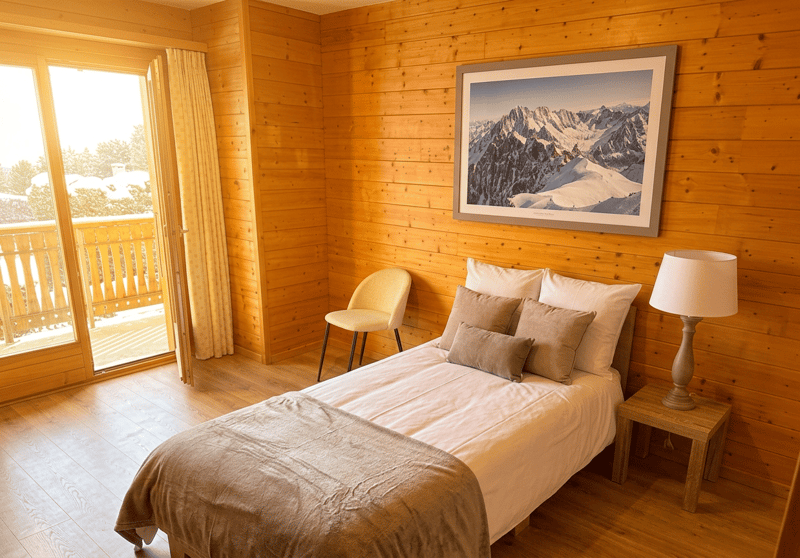 wooden walls, bed, chair, lamp, picture frame, sliding glass door, balcony