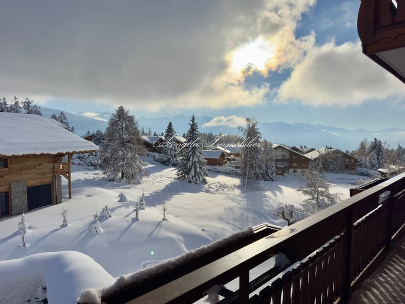 balcony overlooking a snowy landscape with trees, mountains, and clear sky in the background