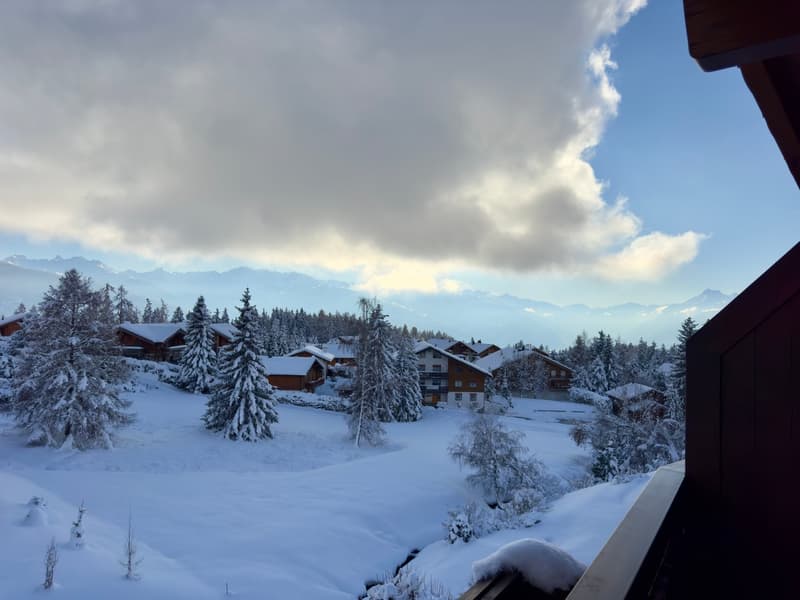 Snow-covered landscape with houses and mountains in the background