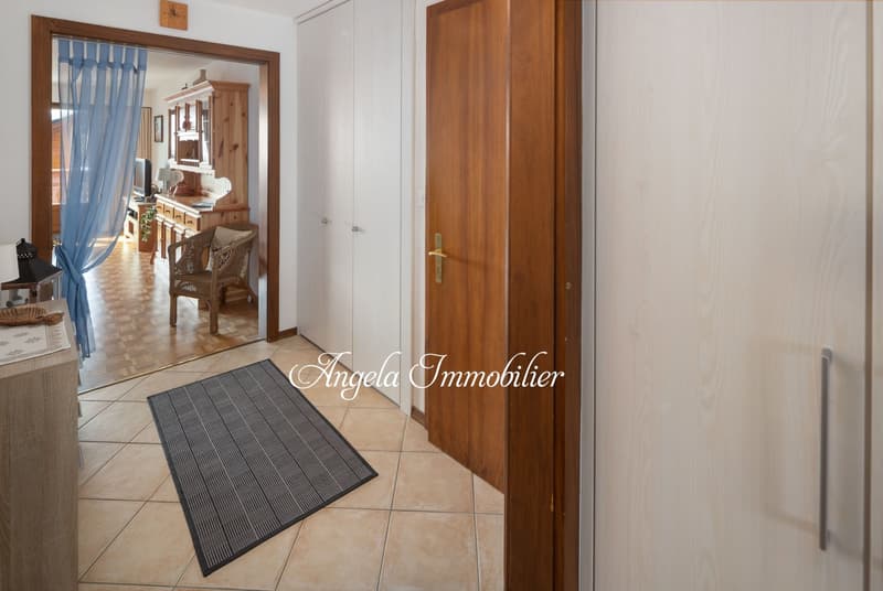 Entrance hall with wooden floor, white walls, wooden door, rug, wooden cabinet, blue curtain, wooden chair, TV, cabinet, and a desk.