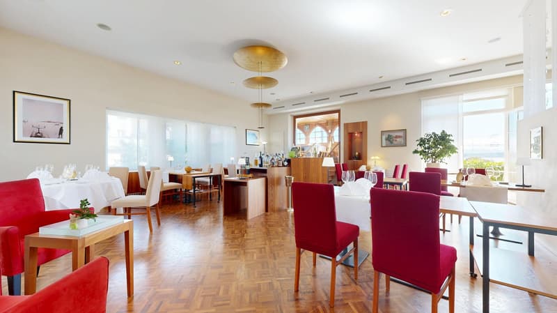 dining room, modern, high ceiling, parquet flooring, multiple tables, chairs, natural lighting, view