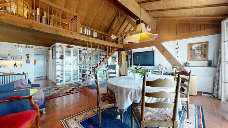 wooden floor, wooden ceiling, dining table, stairs, balcony, shelves, couch