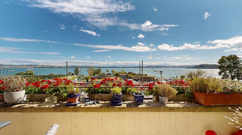 View of balcony/terrace, flowers, wide ocean view, blue sky, hills in the background