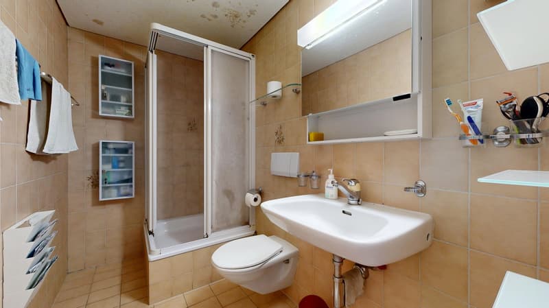 Bathroom with bathtub, toilet, sink, mirror, shelves, and toiletries