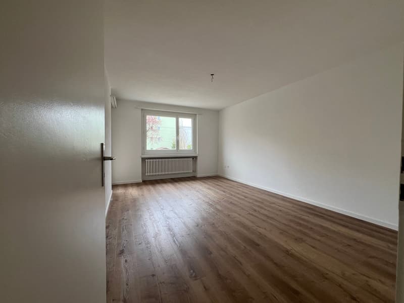 empty room, wooden floor, white walls, window with white frame, white radiator