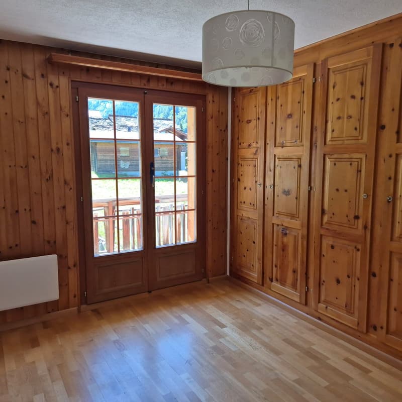 large wooden cabinet, double-pane glass door, balcony, wooden wall