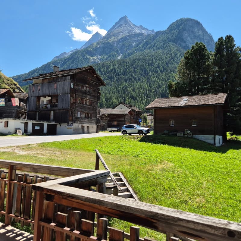Houses with wooden facade, green grassy field, mountain view, car parked in front