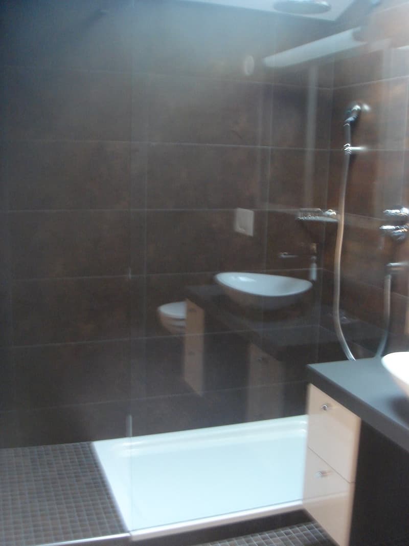 shower area with glass door, white sink, white toilet, tiled walls, tiled floor