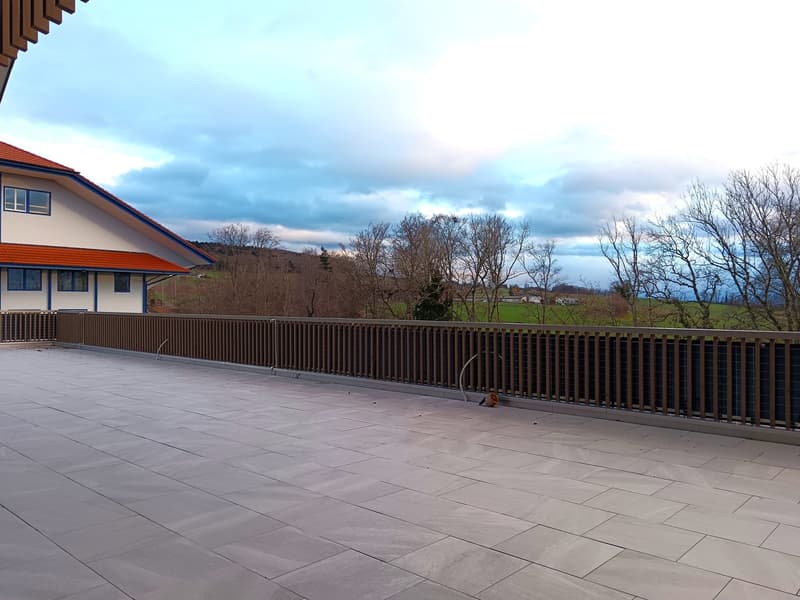 terraced roof, brown railing, tiled floor, mountain view