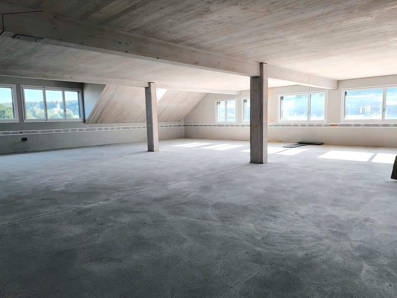 empty room, concrete floor, wooden beams, skylight windows, electrical outlets, no furniture