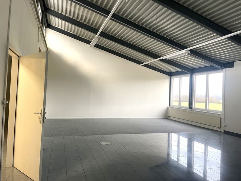 Empty room, white walls, tiled floor, open door, large windows