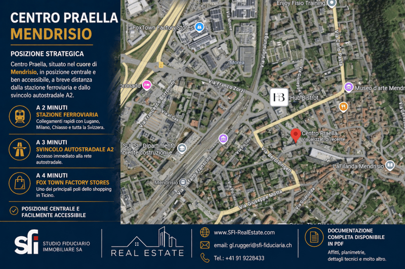 Map of Centro Praella Mendrisio, showing strategic location, proximity to train station, highway, and shopping center.