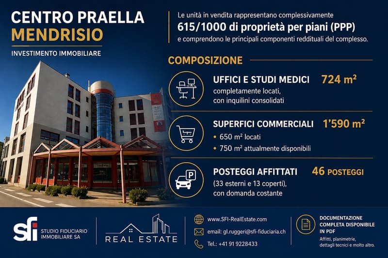 Commercial building with offices and medical studios, 46 parking spaces, 650 m2 leased, 750 m2 available, 33 outdoor and 13 indoor parking spaces