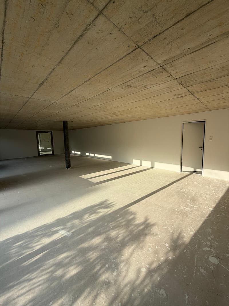 open space, concrete walls, concrete floor, two doors, beams on ceiling
