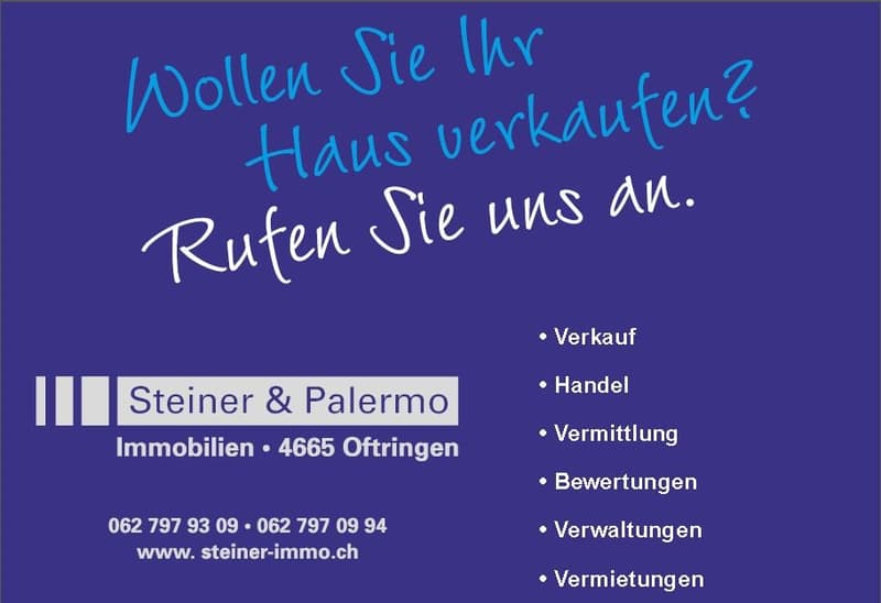 Real estate advertisement for Steiner & Palermo Immobilien with contact information and services offered.
