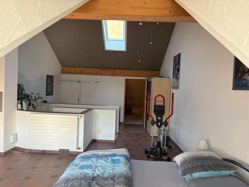 bedroom with bed, exercise equipment, skylight, white walls, wooden ceiling, white radiator, plant, lamp
