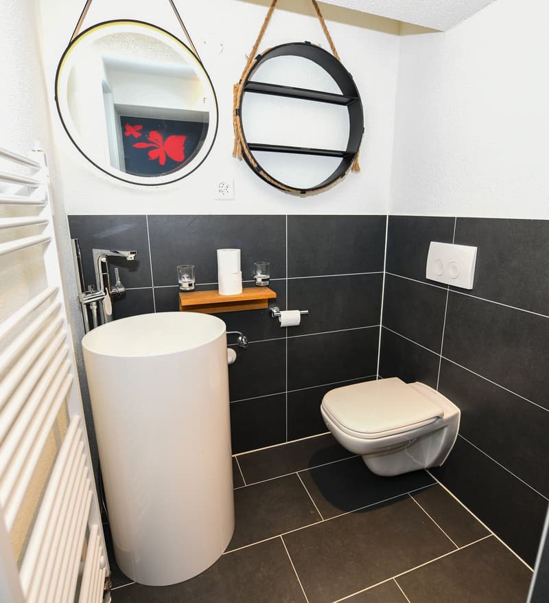 modern bathroom, sink, toilet, shower, black tiles, faucet, shelves